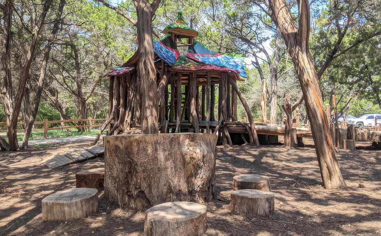 Walnut Creek Metropolitan Park playground features a rustic, nature-inspired play structure built from tree trunks and natural wood, with a whimsical roof of multicolored shingles. Surrounded by cedar trees, the play area includes large tree stumps arranged as seating or stepping stones.