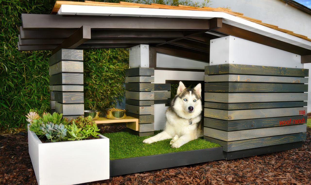 A modern dog house labeled "Woof Ranch" features artificial grass flooring, a husky resting inside, and succulents in a planter box.