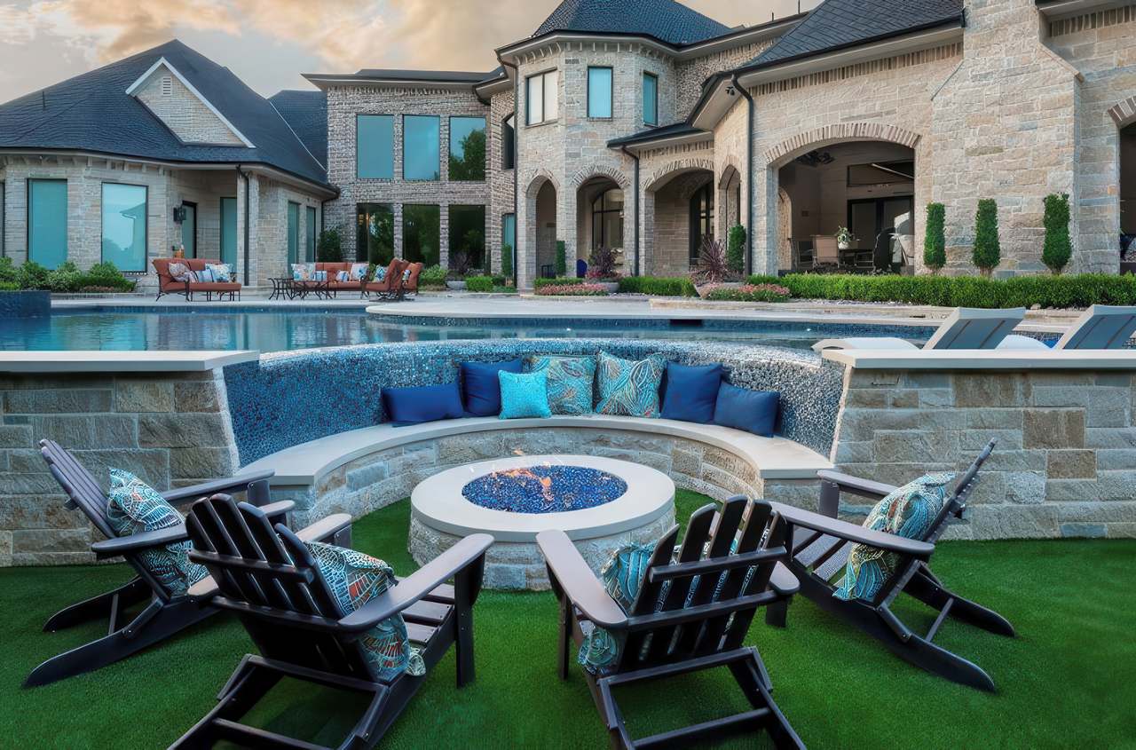A luxurious backyard with synthetic grass, a circular fire pit lounge, poolside seating, and a large stone house in the background.