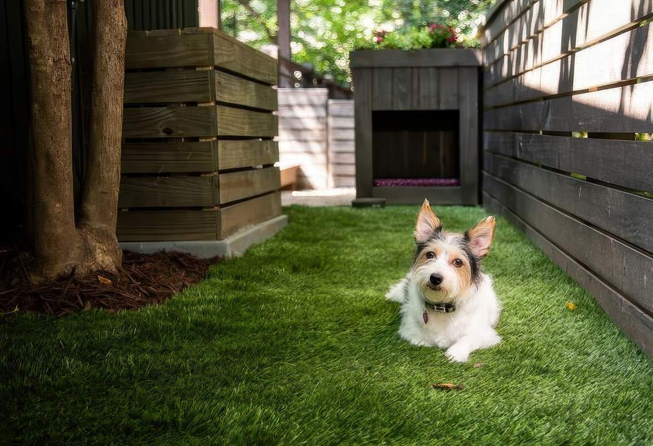 Small dog lying on artificial grass in a shaded, fenced-in backyard dog run, with wooden planters and a modern doghouse in the background.