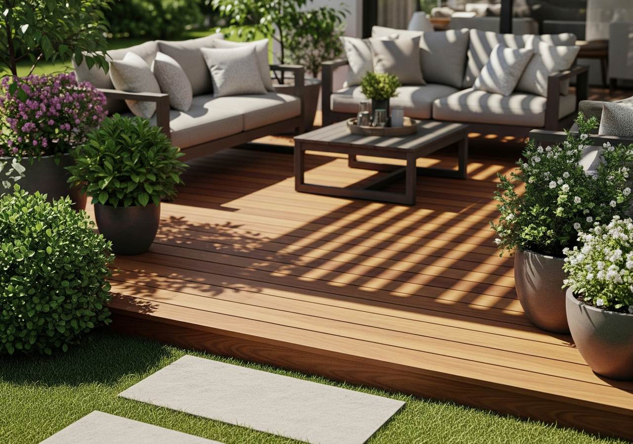 Modern wood deck with gray cushioned sofas, low table, and potted plants, opening to a green lawn with stone path.