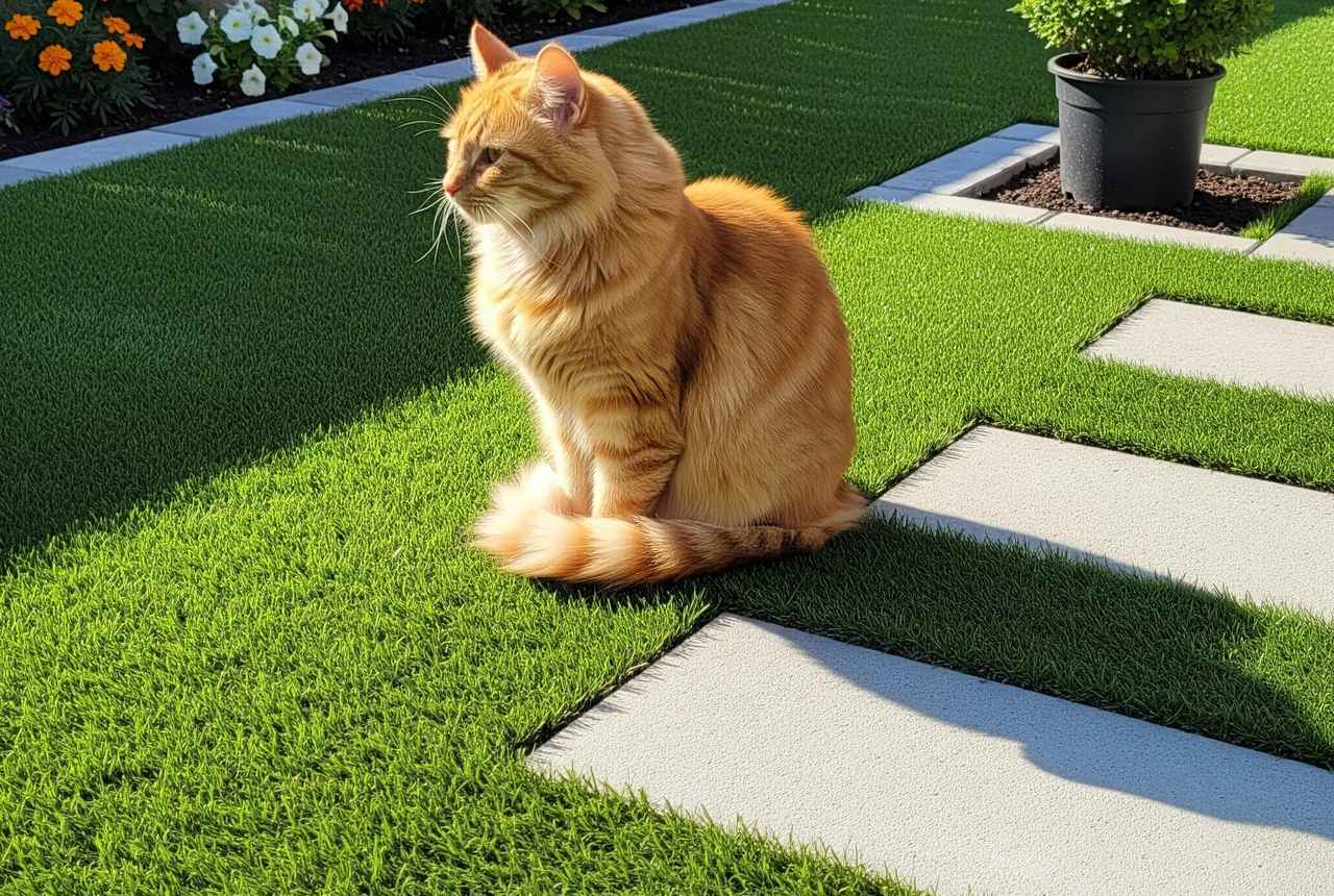 Fluffy orange cat sitting on artificial grass near white paver stones in a sunny, landscaped backyard with flowers and a potted plant.