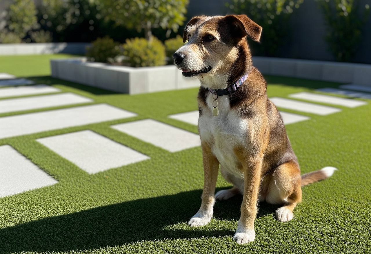 Medium-sized dog sitting on artificial grass near white paver stones in a modern backyard with raised planters.
