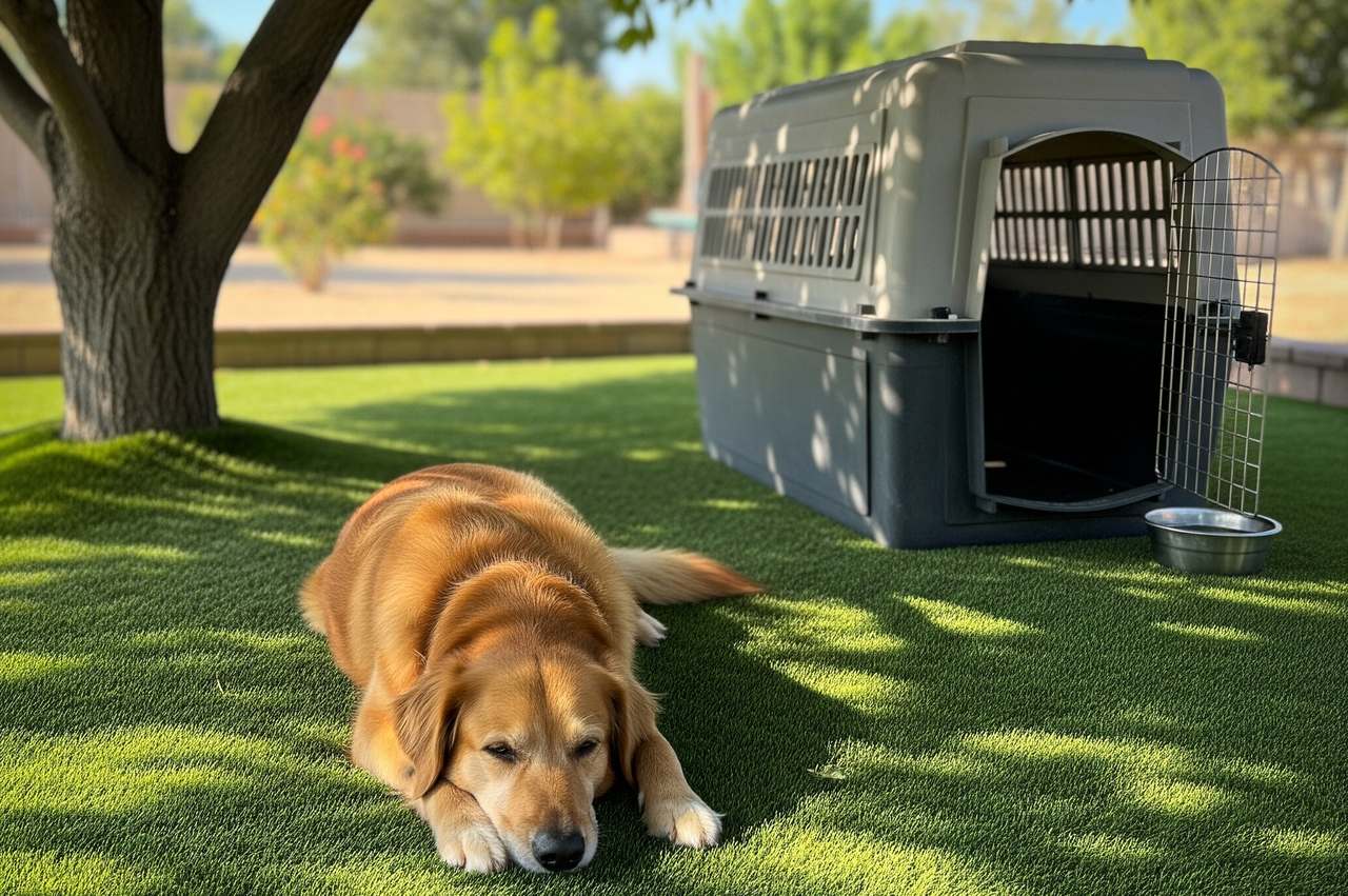 Golden retriever lying on artificial grass in the shade of a tree next to a large pet crate and metal water bowl in a quiet backyard.