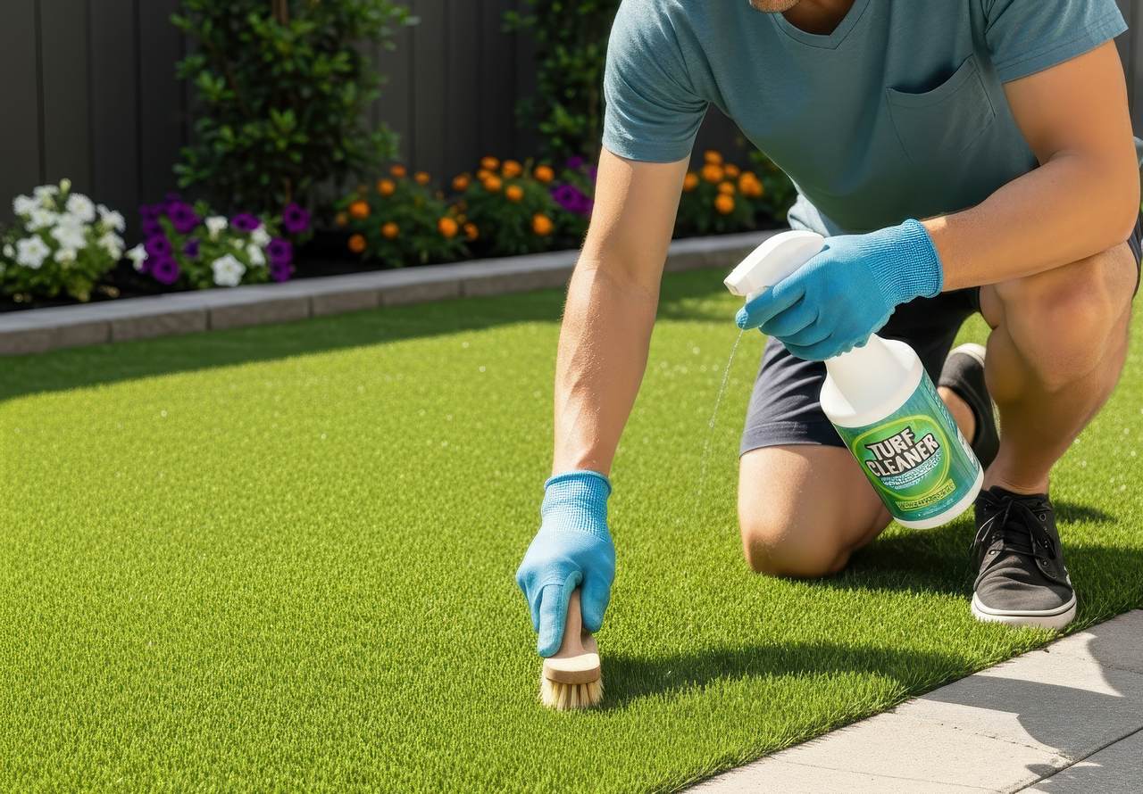 Person wearing blue gloves using a brush and turf cleaner to scrub artificial grass in a neatly landscaped backyard.