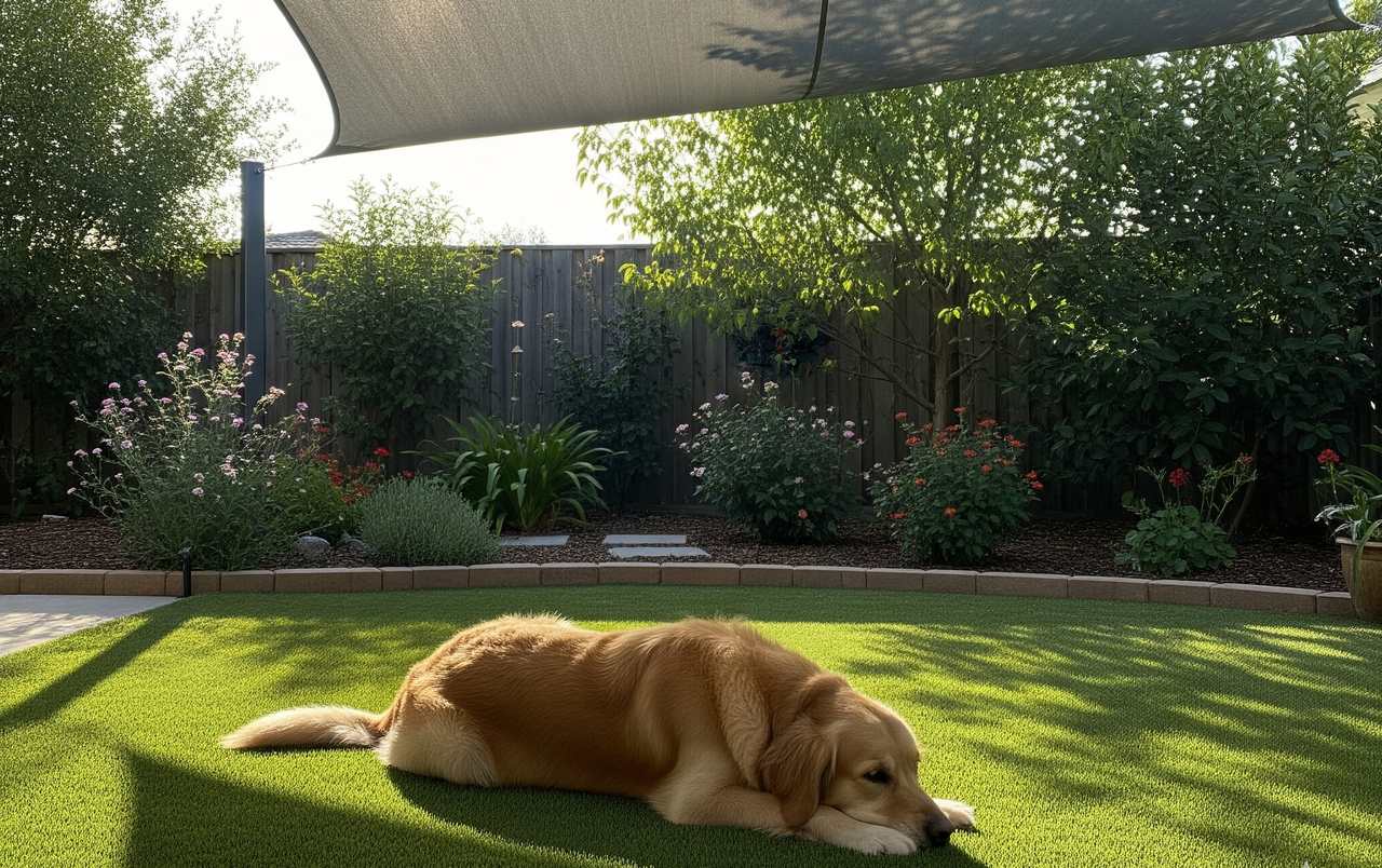 Golden retriever resting on artificial grass in a shaded backyard surrounded by flower beds and lush greenery.