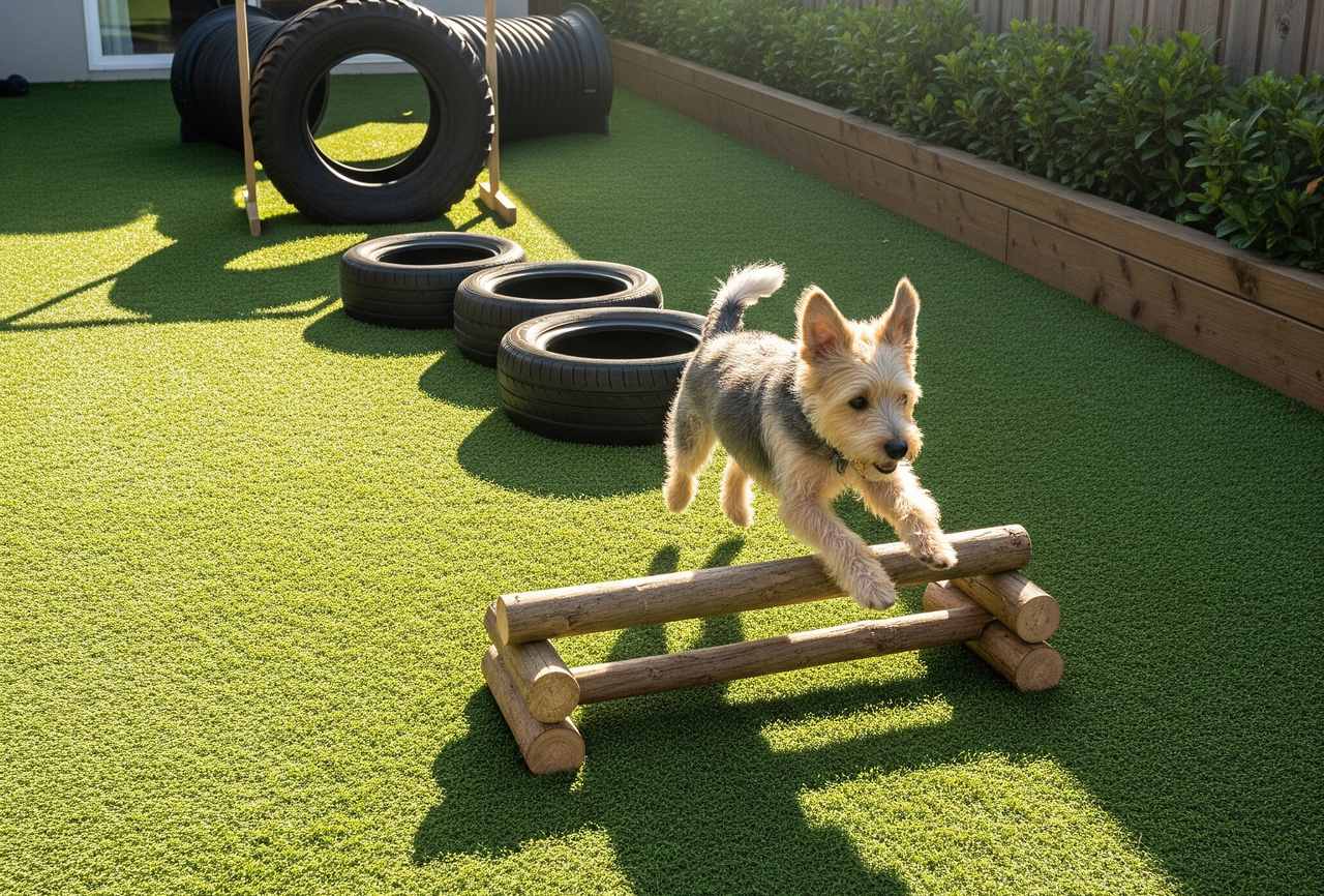 Small dog joyfully jumping over a wooden hurdle in a backyard agility course with tires and artificial grass.