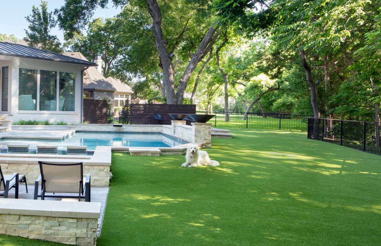 Golden retriever lying on artificial turf in a spacious backyard with a pool, trees, and shaded seating area.