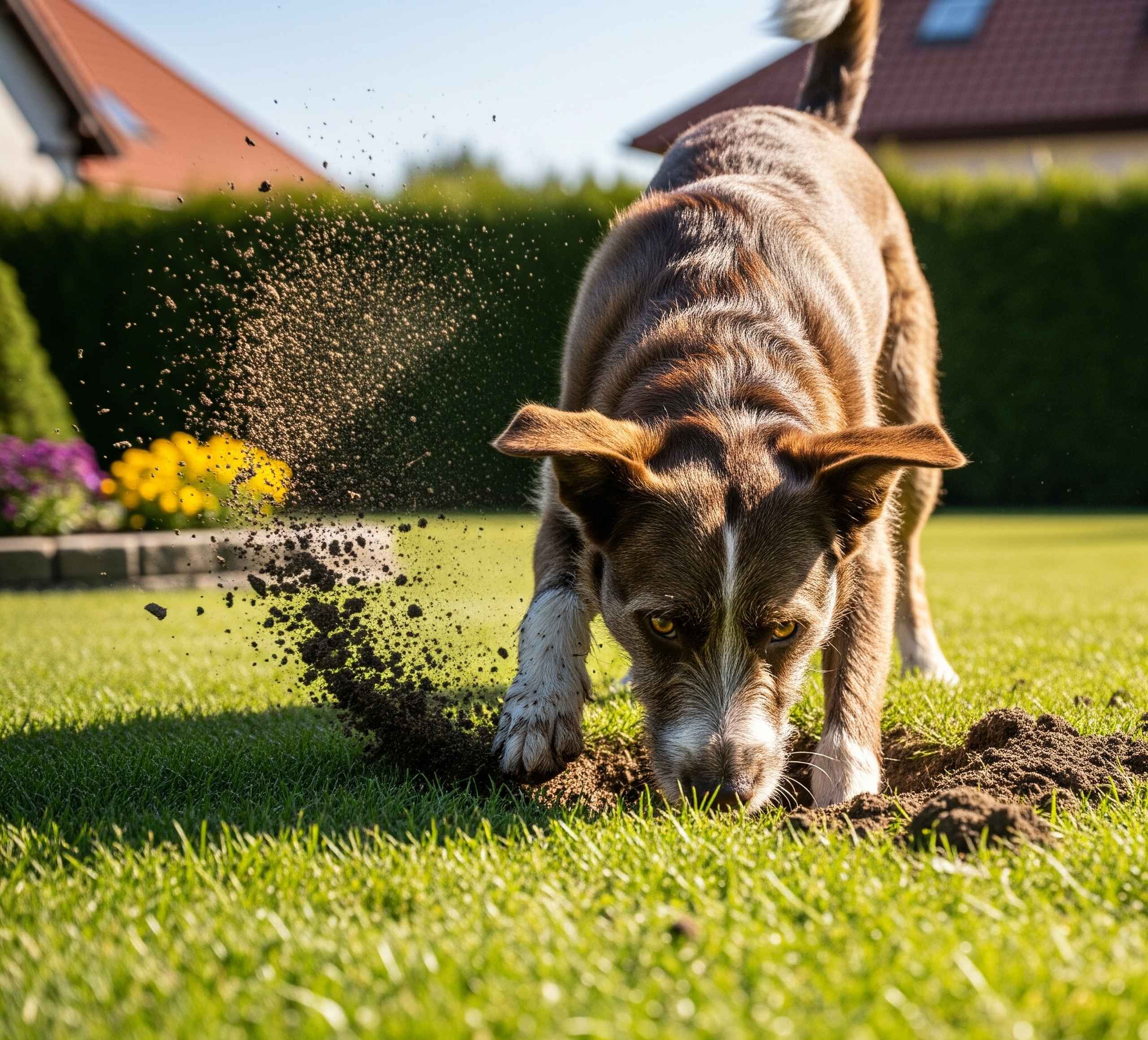 Dog digging in a backyard lawn, showing challenges and inspiration for low maintenance backyard ideas for pets.