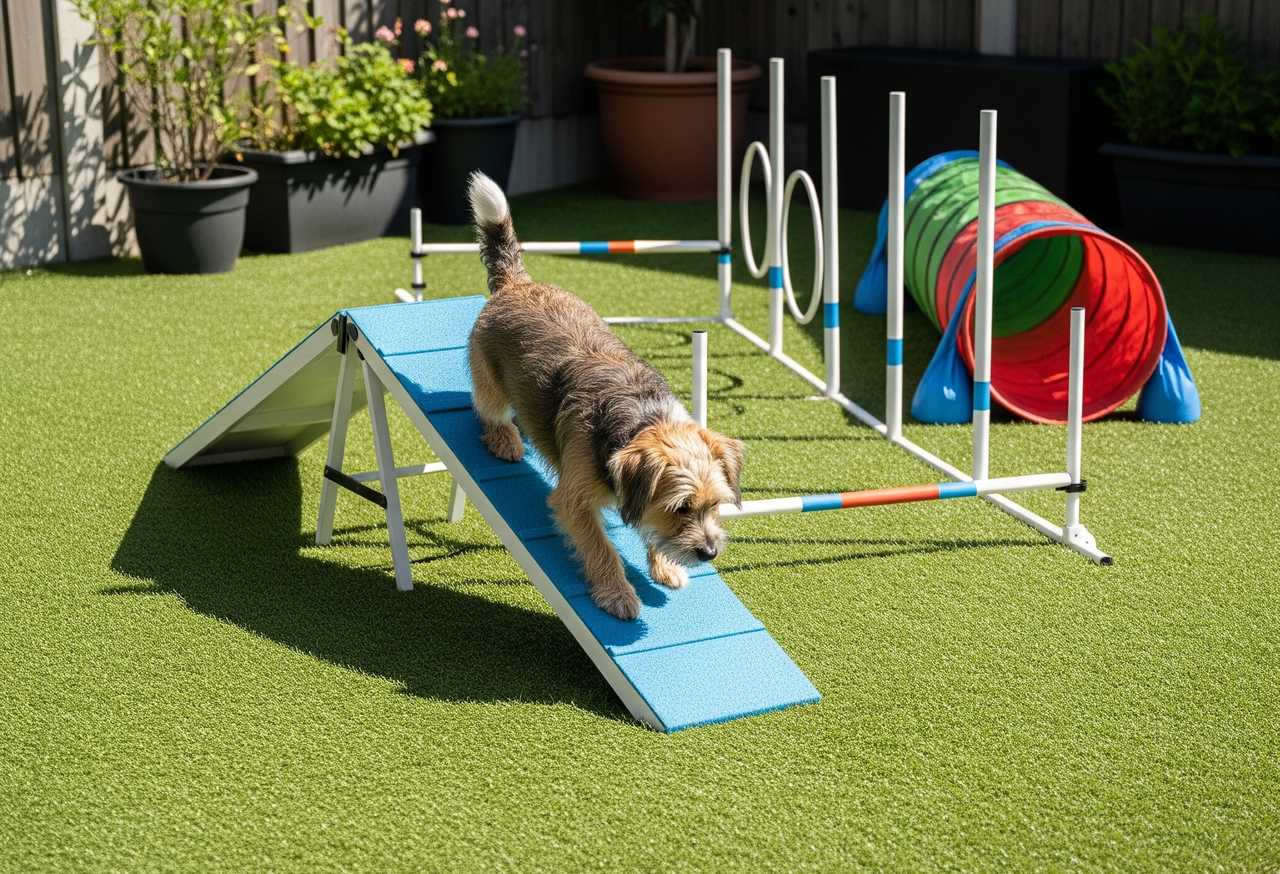 Small dog navigating a backyard agility course with ramps, jumps, and a colorful tunnel set on artificial grass.