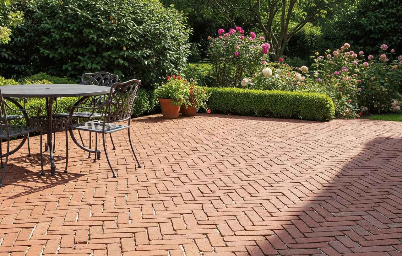 Brick herringbone patio with black metal table and chairs, potted plants, and blooming roses along garden hedge.