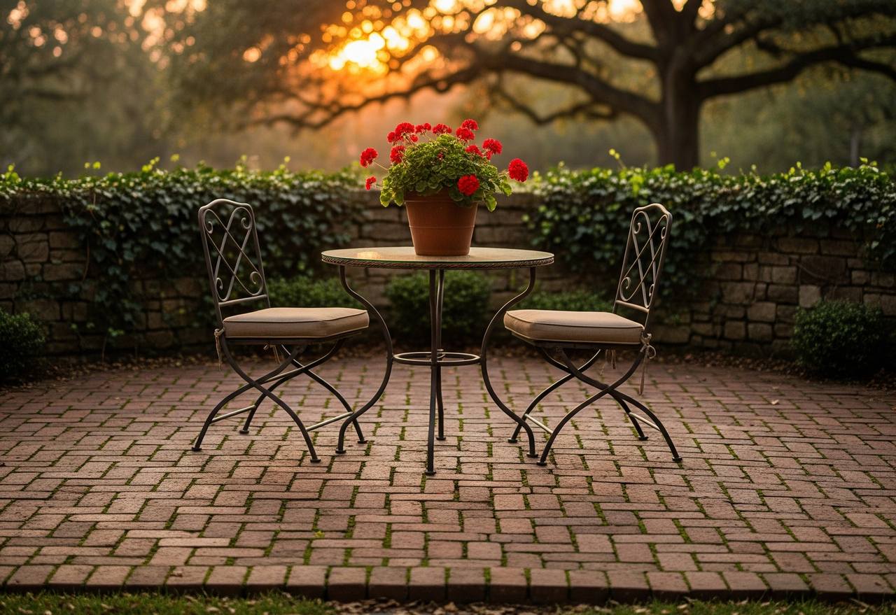 Brick patio with round table, two cushioned chairs, potted red flowers, and stone wall backdrop at sunset.