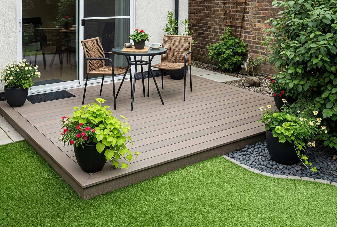 Small patio with composite decking, round table, two wicker chairs, potted flowers, and artificial grass lawn.