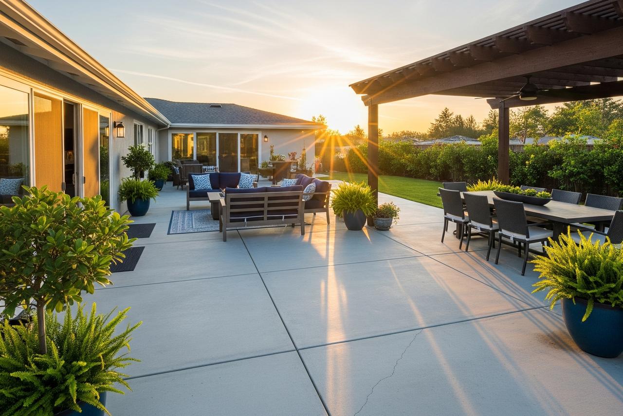 Spacious backyard patio with smooth concrete flooring, featuring modern outdoor lounge furniture with blue cushions, a dining table under a wooden pergola, and lush potted plants, all illuminated by a golden sunset.