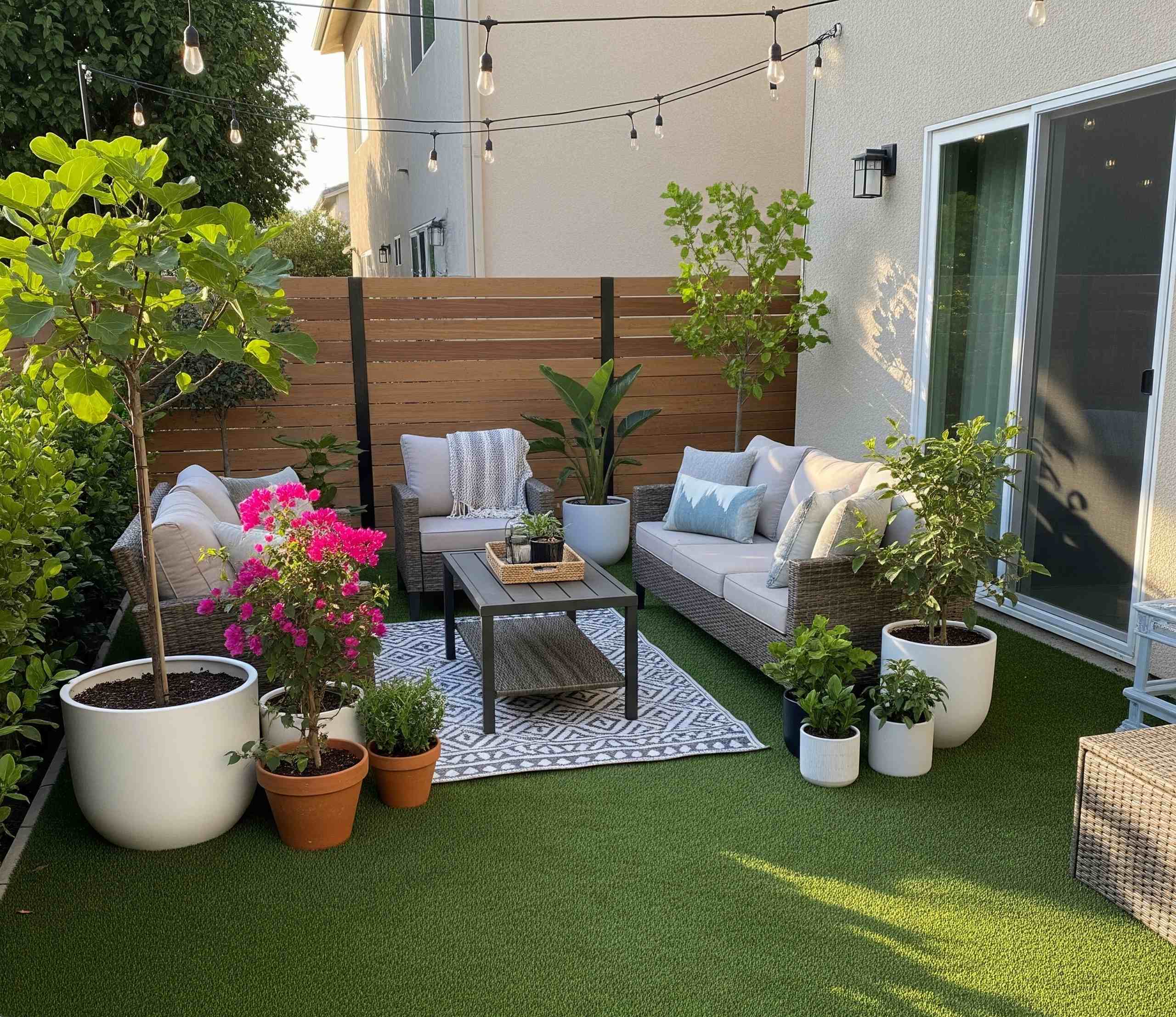 Cozy backyard patio with artificial grass flooring, featuring outdoor wicker furniture, potted plants, string lights, and a patterned rug. A stylish example of patio flooring ideas that blend comfort with greenery in small outdoor spaces.
