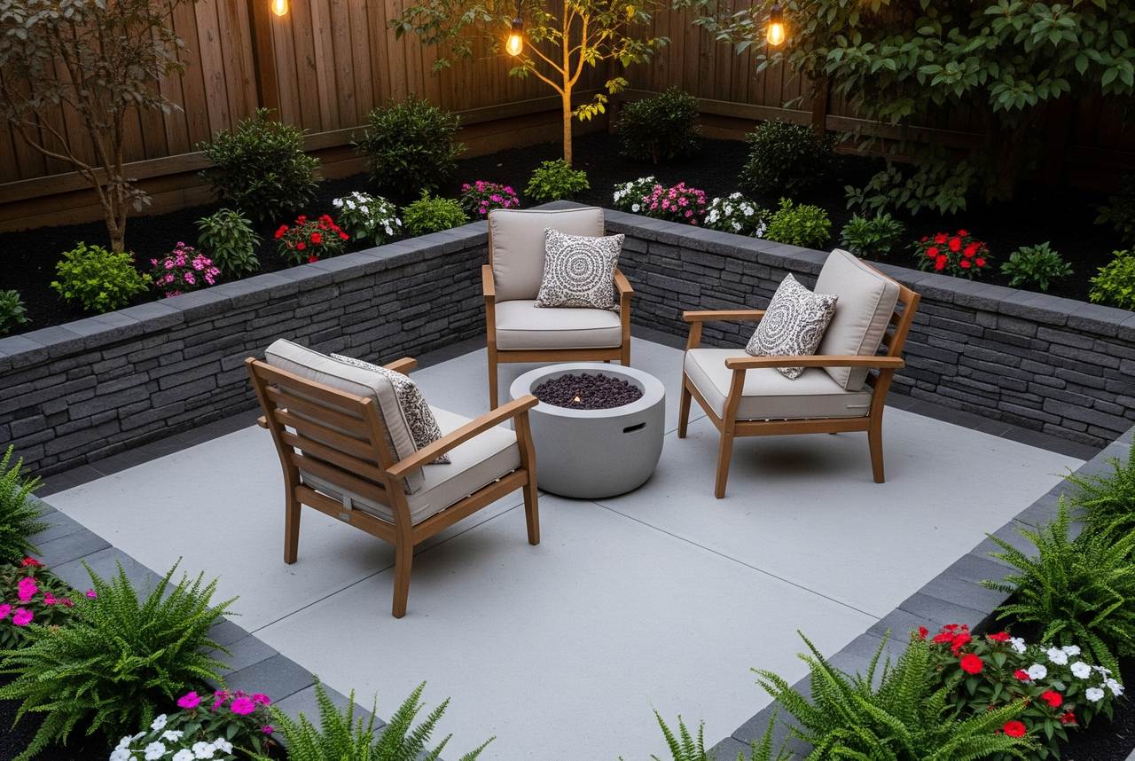 Cozy sunken patio with light gray concrete flooring, featuring four cushioned wooden chairs arranged around a round fire pit, surrounded by raised stone planters filled with colorful flowers and greenery.
