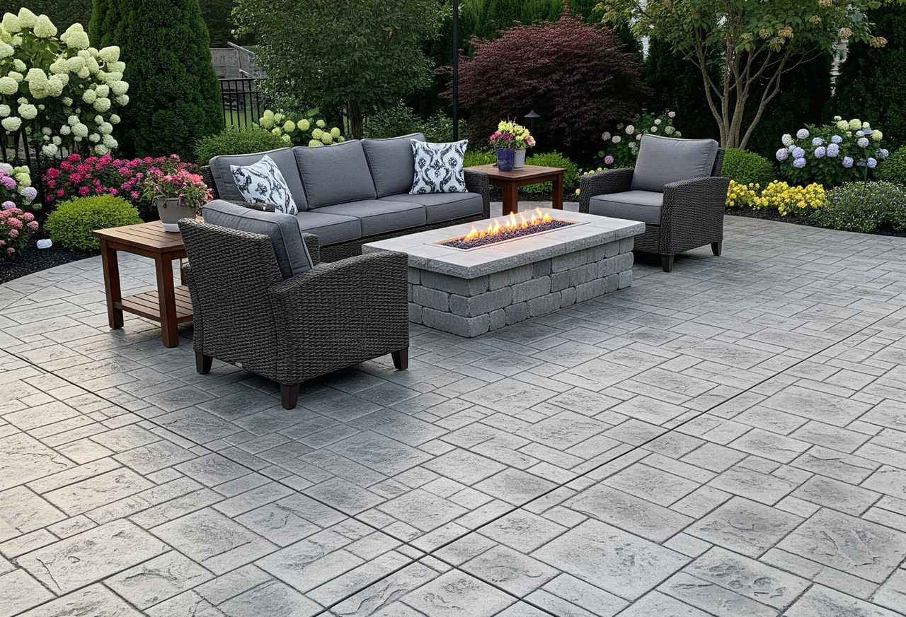 Patio with stamped concrete flooring, wicker sofa set, rectangular fire pit, side tables, and colorful flower beds.