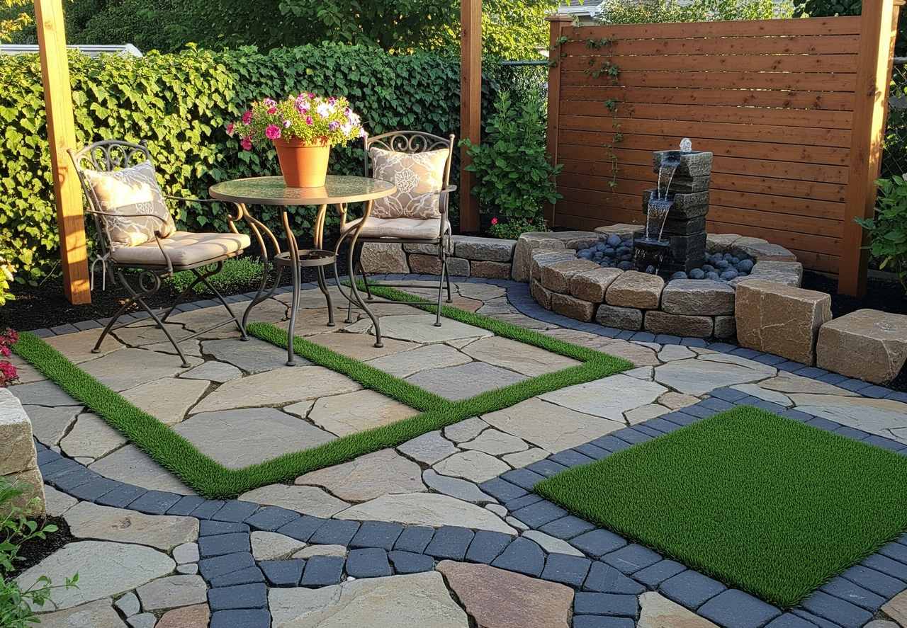 Stone patio with artificial grass accents, round table with two chairs, potted flowers, and small rock fountain by wooden fence.