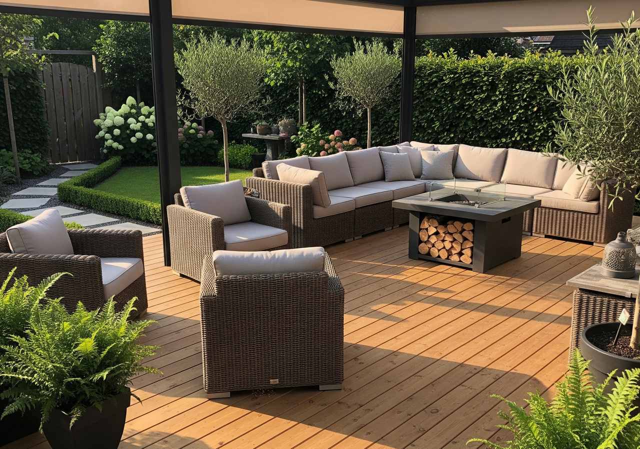 Outdoor patio with wicker sofa set, fire table, wood deck flooring, potted plants, and trimmed garden hedges.