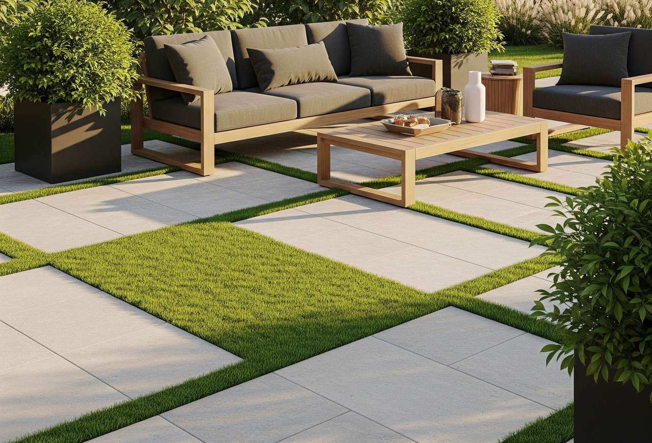 Patio with square stone pavers and artificial grass, wooden outdoor sofa set with gray cushions, and potted plants.