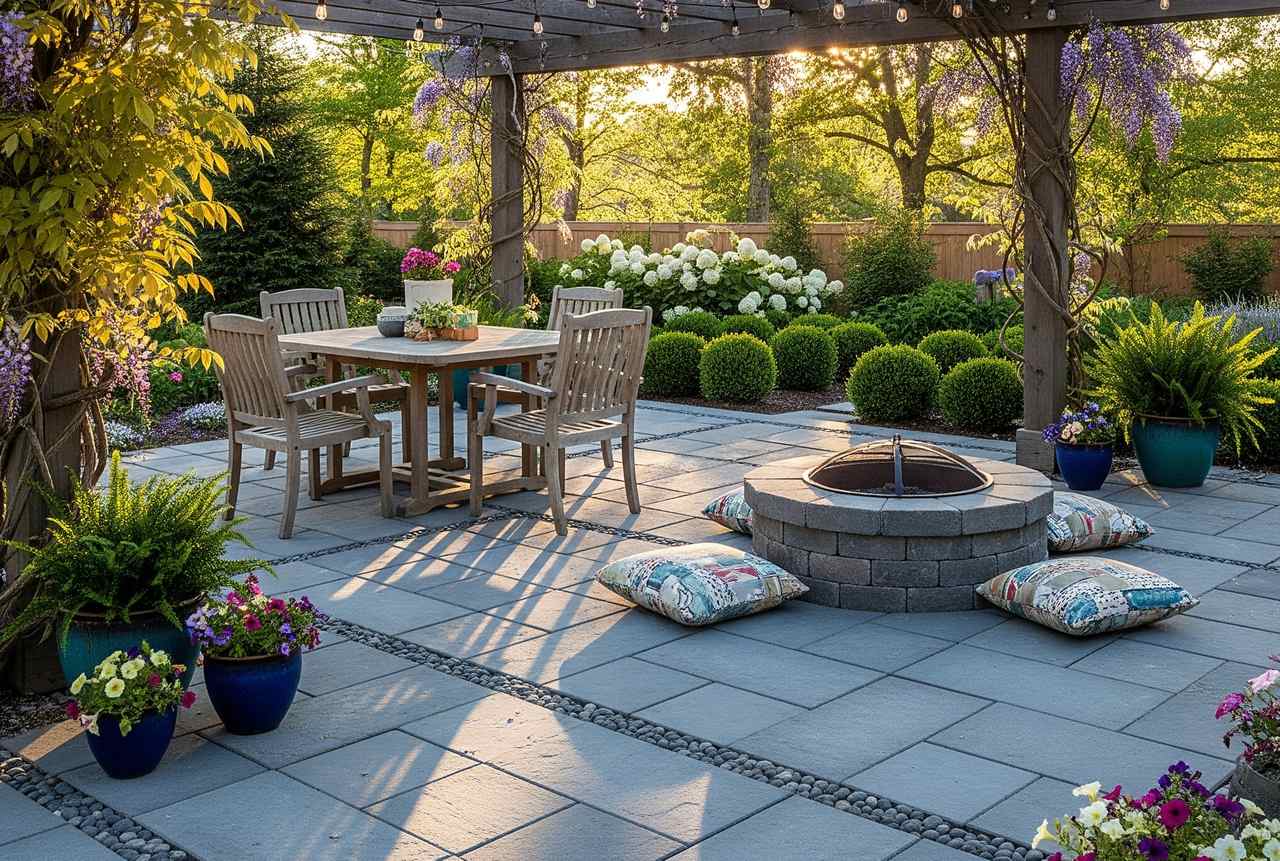 Patio with wooden table, chairs, fire pit, and potted flowers under pergola lights in a lush garden setting.