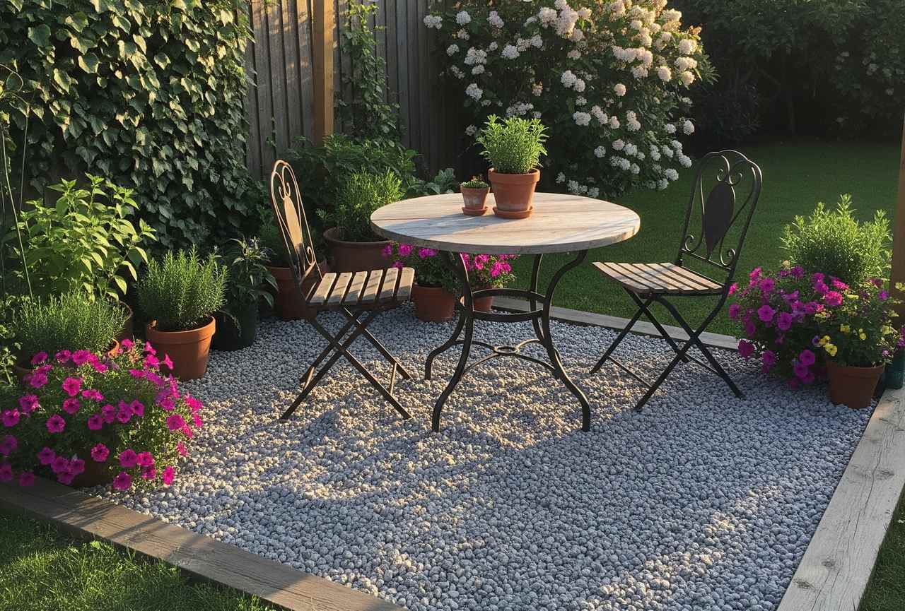 Small patio with pea gravel flooring, round table, two chairs, potted herbs, and blooming pink flowers by a wooden fence.