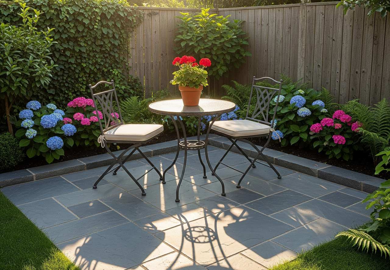 Elegant patio with smooth slate tile flooring, featuring a small round metal table and two cushioned chairs, set against a wooden fence and surrounded by vibrant hydrangeas, ferns, and lush greenery.