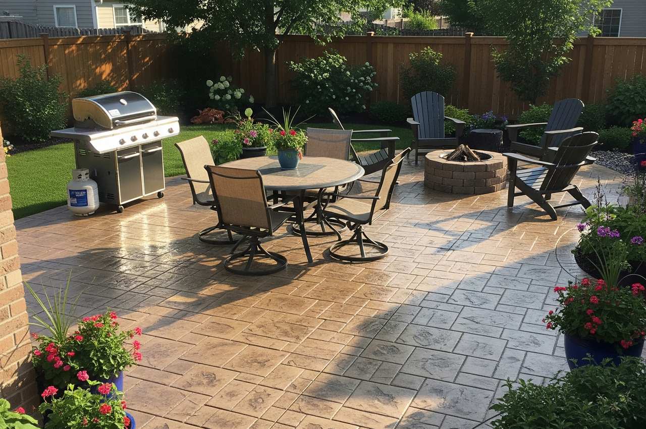 Patio with stamped concrete flooring, round dining table, fire pit with chairs, gas grill, and potted flowers.