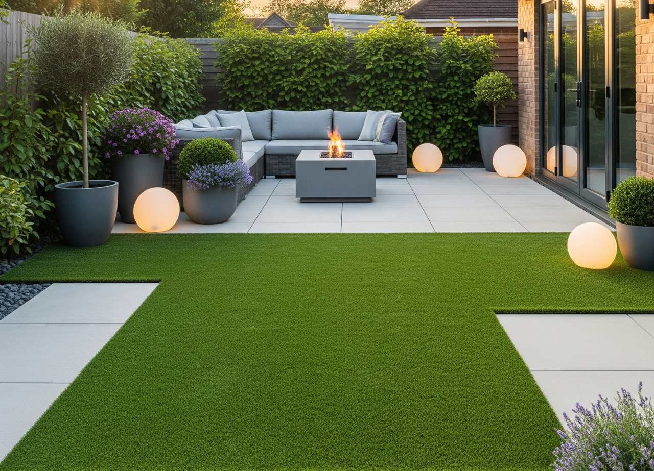Modern patio with synthetic grass and stone tiles, gray sectional sofa, fire pit, potted plants, and glowing orb lights.