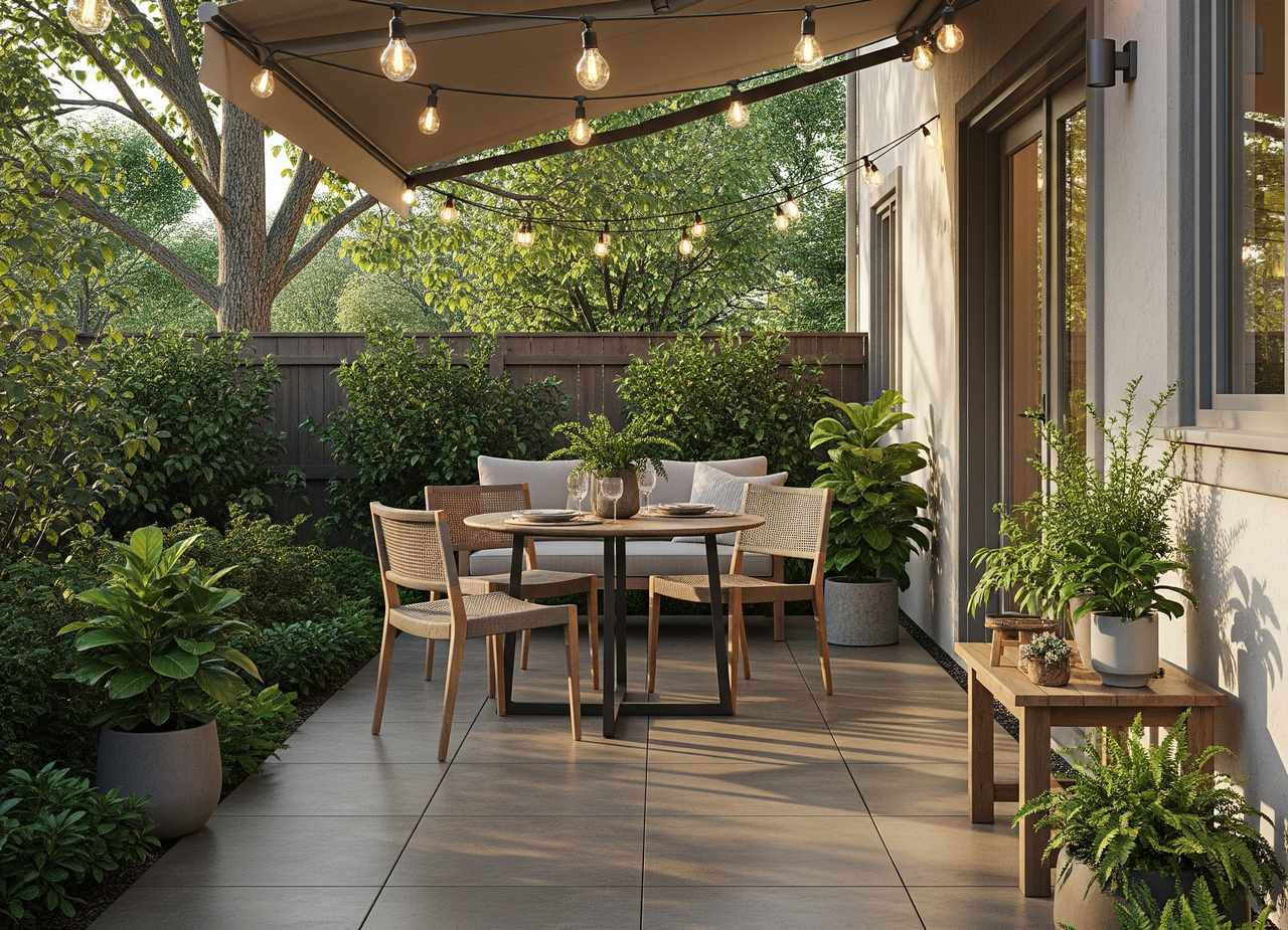 Patio with large tile flooring, round dining table, wooden chairs, sofa bench, potted plants, and string lights overhead.
