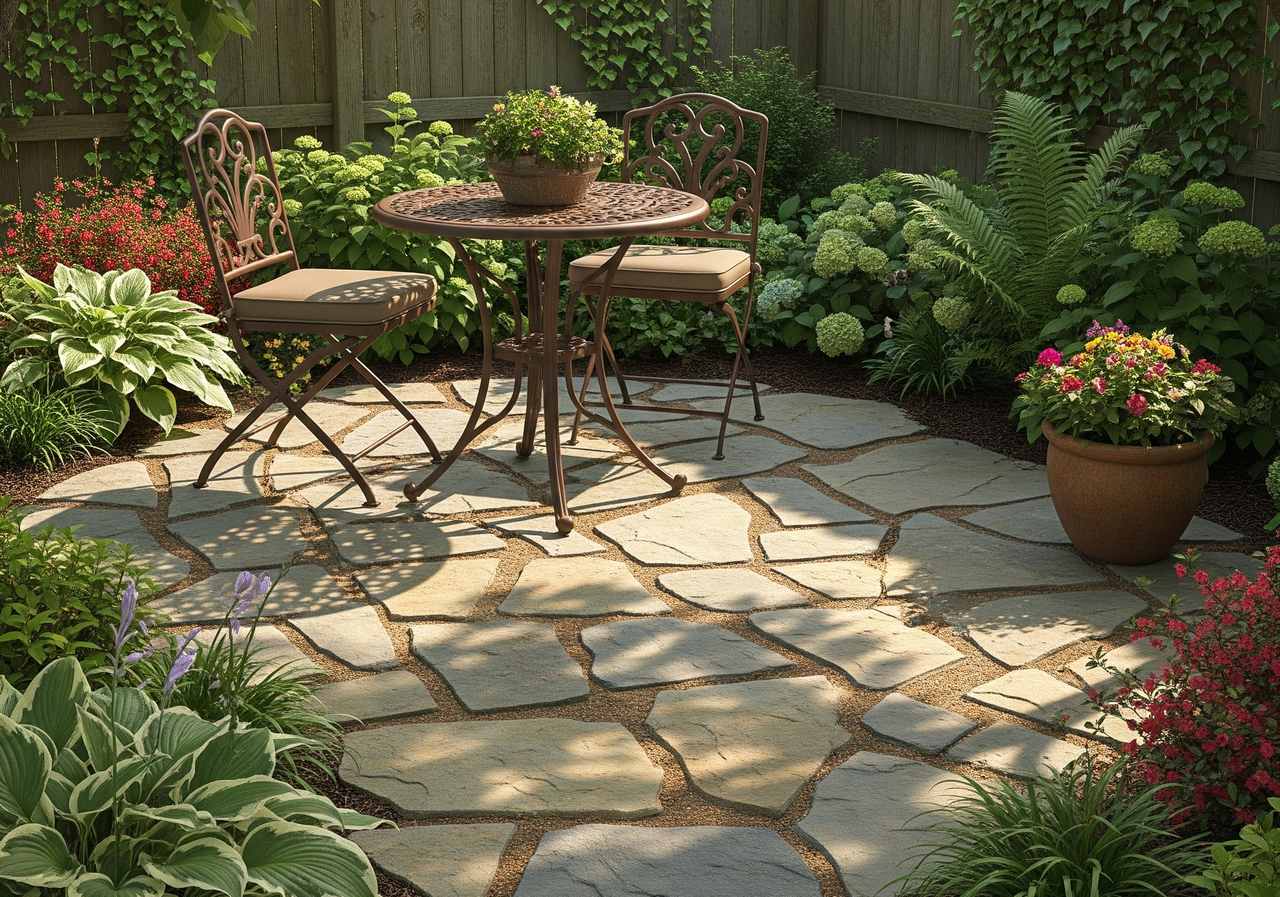 Charming garden patio with irregular stone flooring, featuring a decorative metal bistro table and two cushioned chairs, surrounded by lush greenery, ferns, and colorful flowering plants in both beds and pots.
