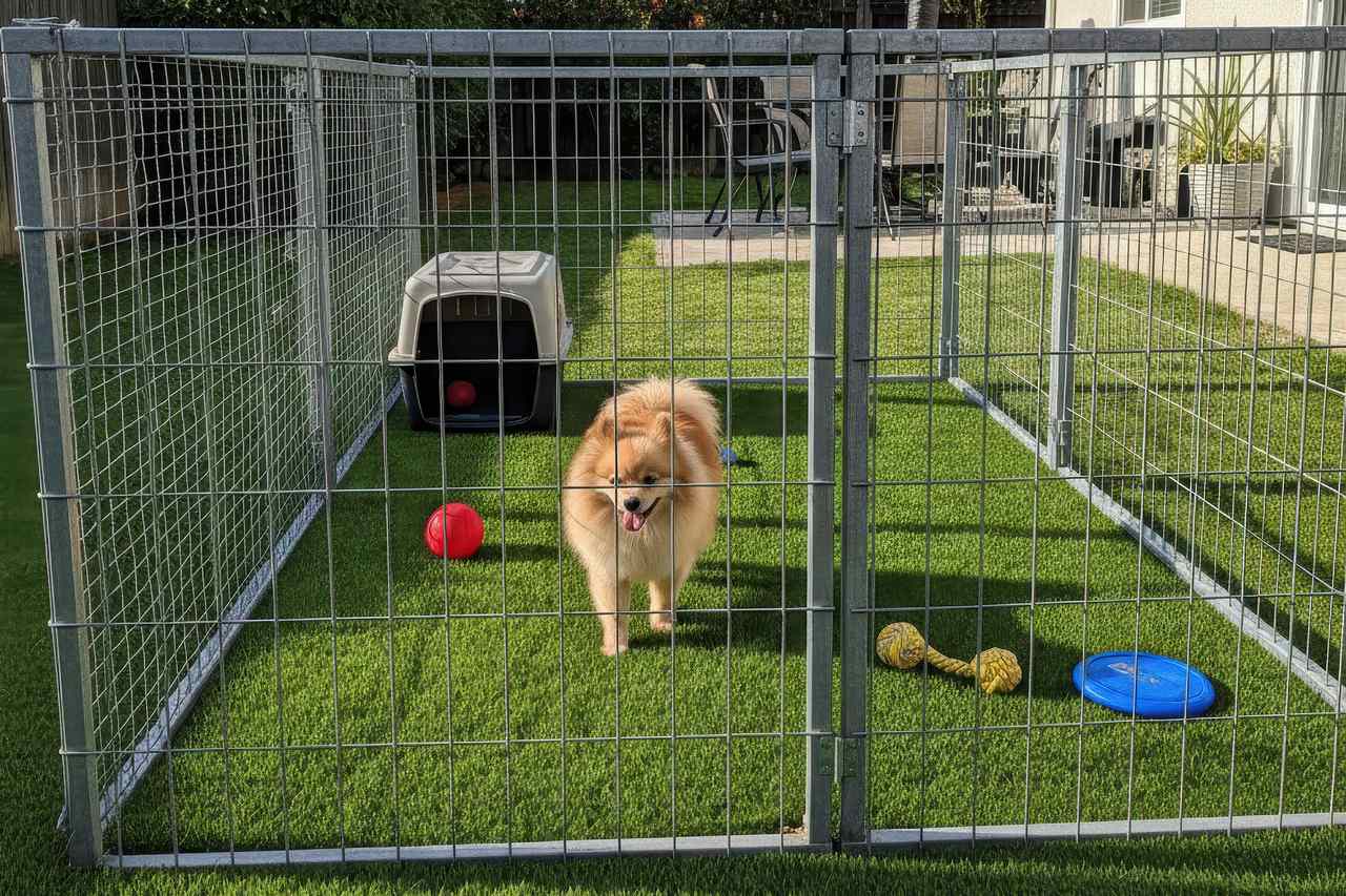 Fluffy tan dog standing inside a fenced dog run on artificial grass, surrounded by toys and a small dog house.