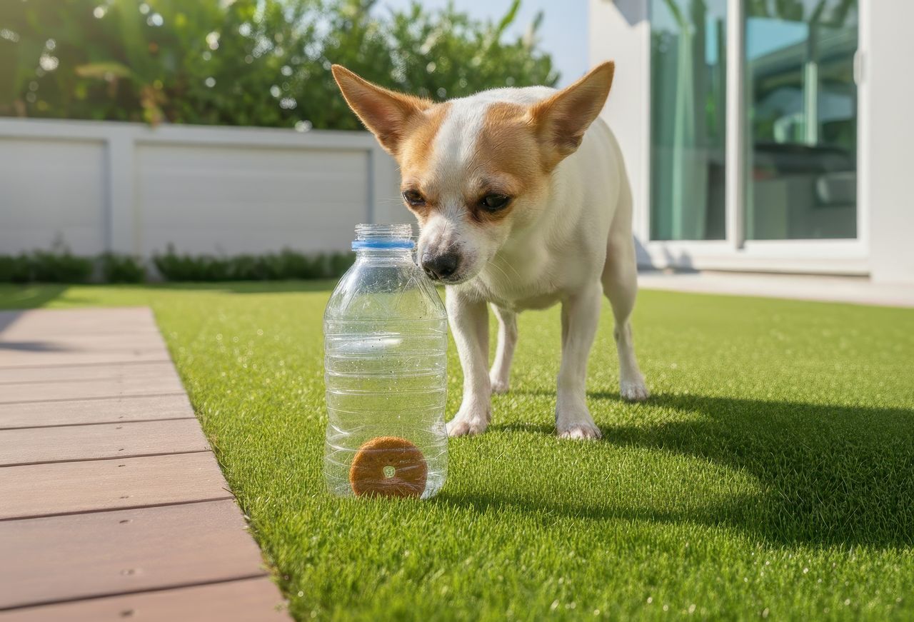 Small dog curiously inspecting a clear plastic bottle with a hidden treat inside, placed on artificial grass in a modern backyard.