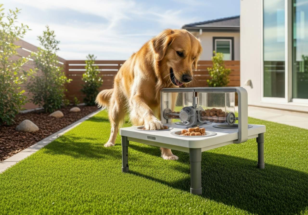 Golden retriever using a modern interactive feeding station on artificial grass in a sunny, well-landscaped backyard.