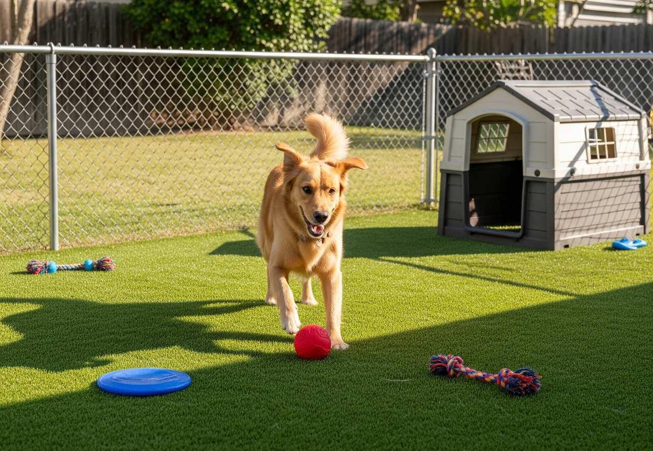 Golden dog playing with a red ball on artificial grass in a fenced yard with a plastic dog house and scattered toys.