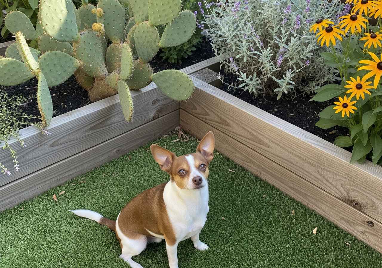 Small brown and white dog sitting on artificial grass beside wooden raised beds filled with cacti, lavender, and black-eyed Susans.