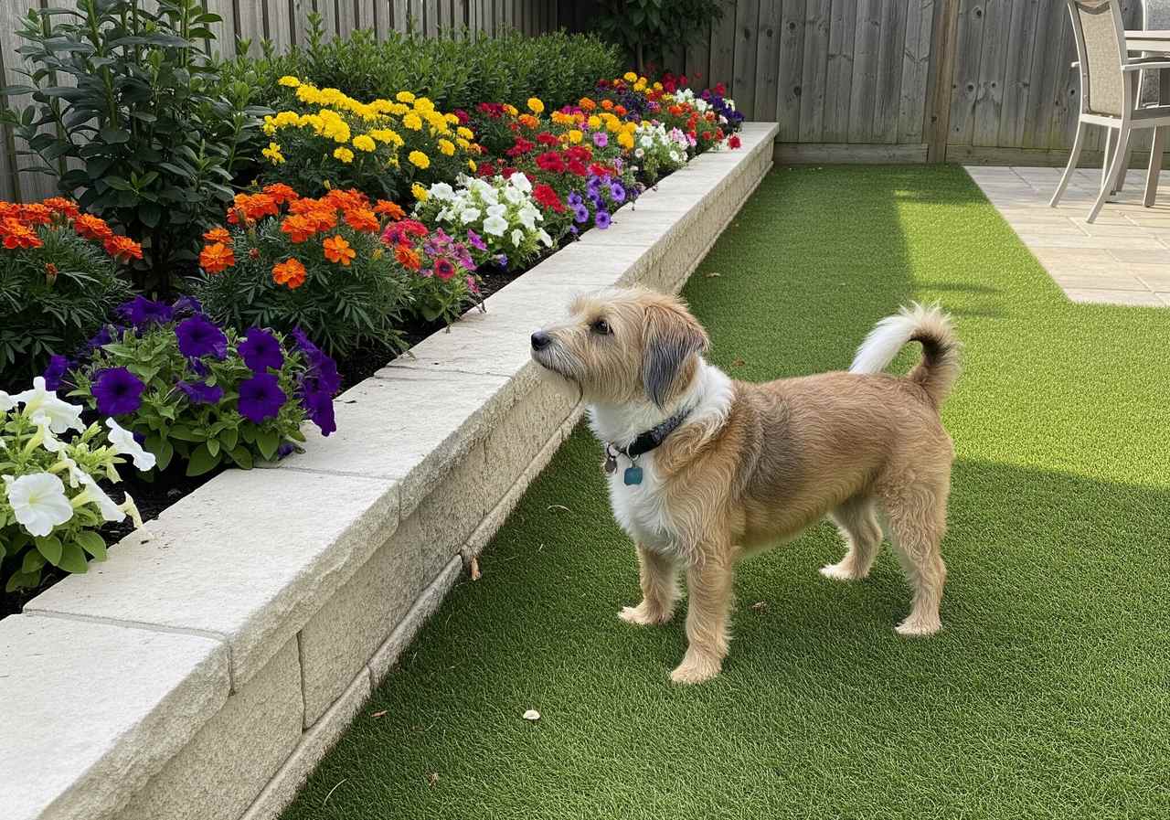 Small dog standing on artificial grass, looking at colorful flowers in a raised garden bed next to a wooden fence.