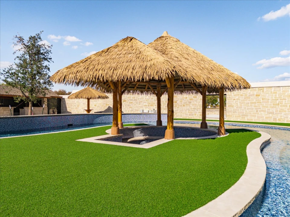 Synthetic turf lawn in Charlotte with a lazy river